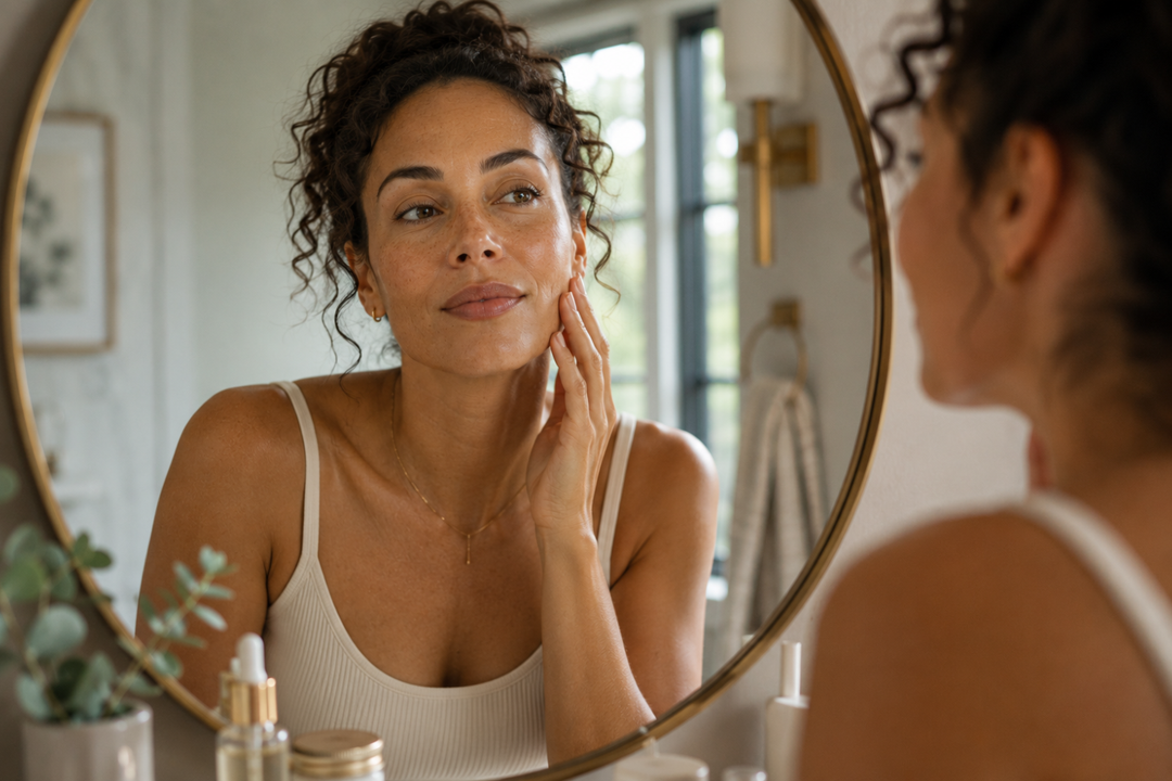 Woman. Applying moisturizer to cheek in Mirror 