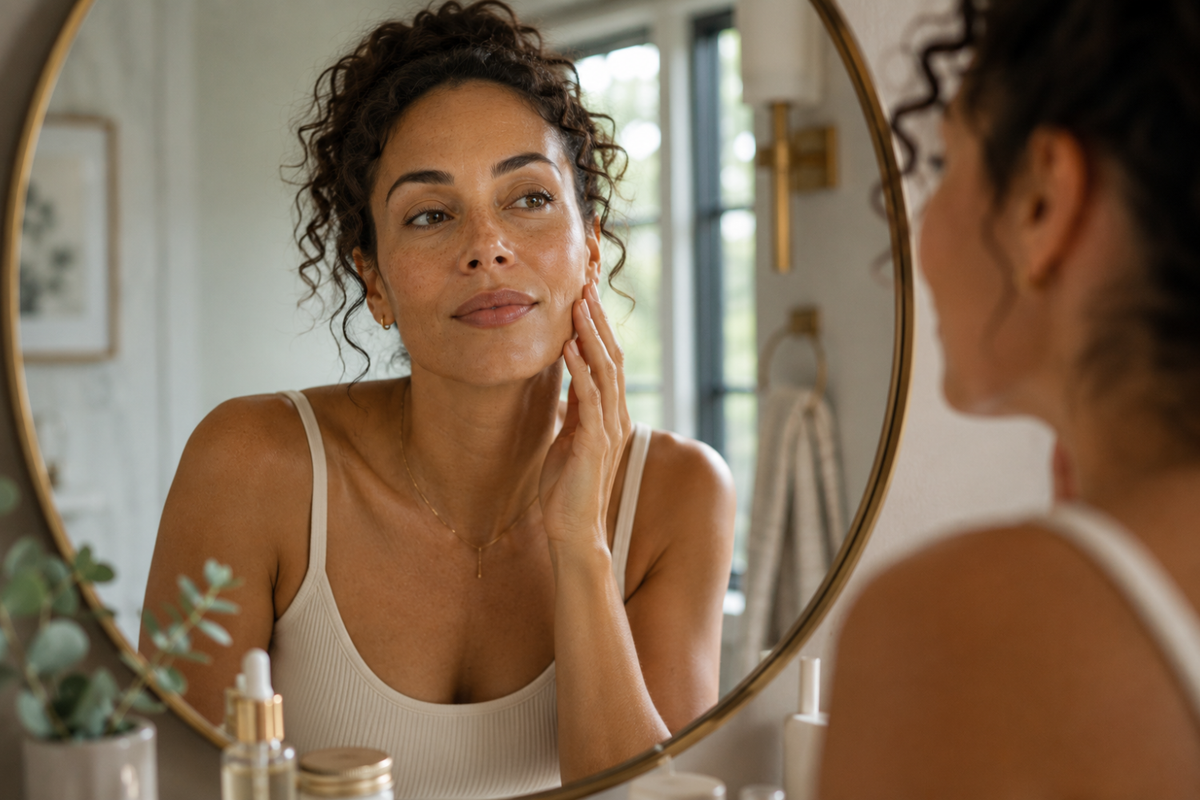 Woman. Applying moisturizer to cheek in Mirror 