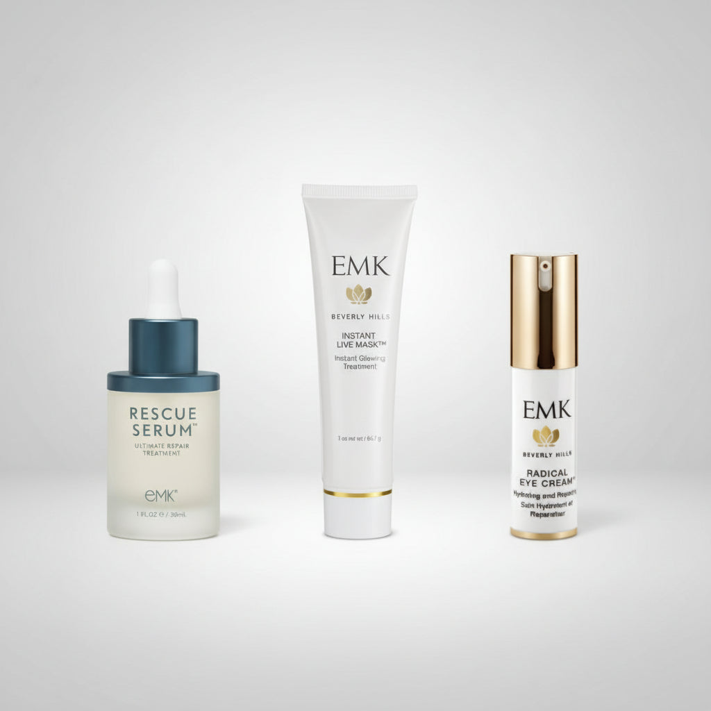 Overnight Renewal Ritual with Rescue Serum, Instant Live Mask, and Radical Eye Cream by EMK Skincare