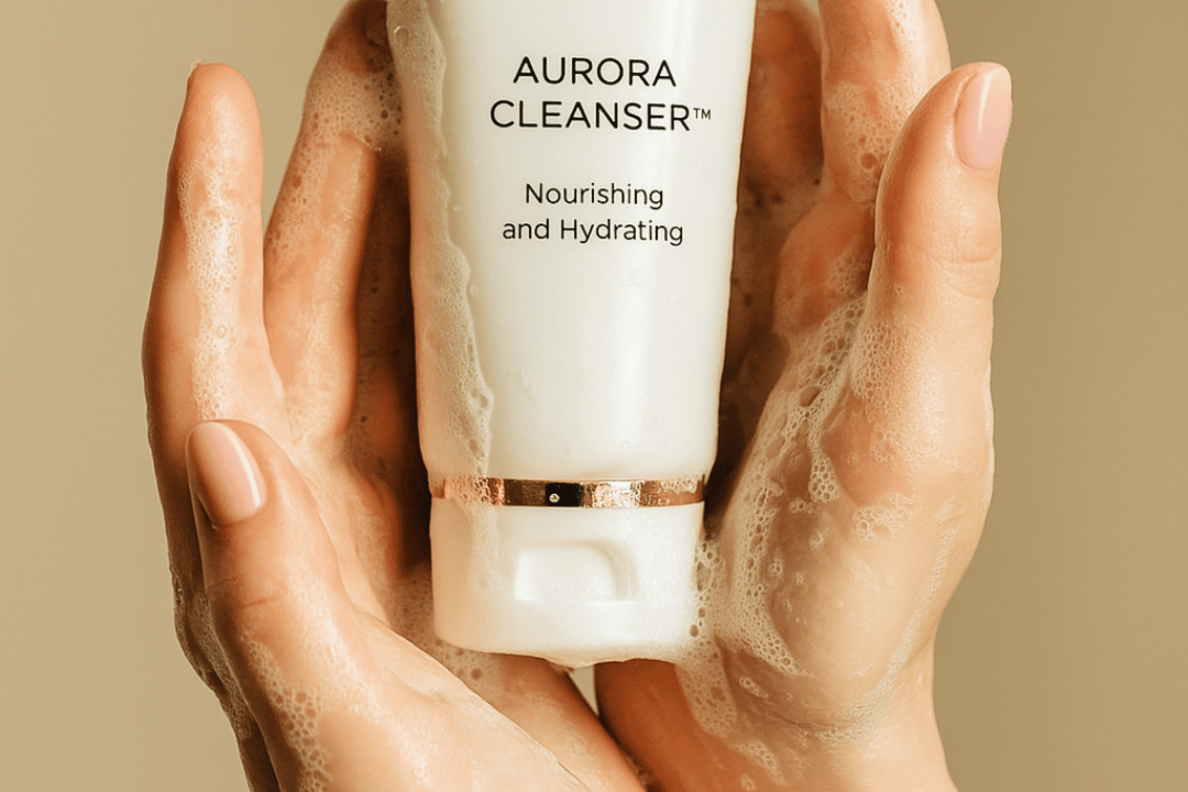 Aurora Cleanser held with foaming lather by EMK Skincare