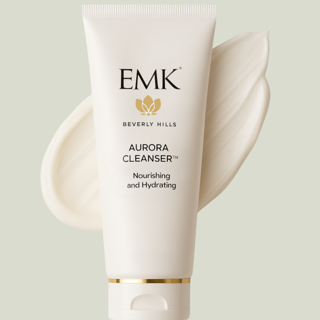 Aurora Cleanser tube with texture backdrop by EMK Skincare