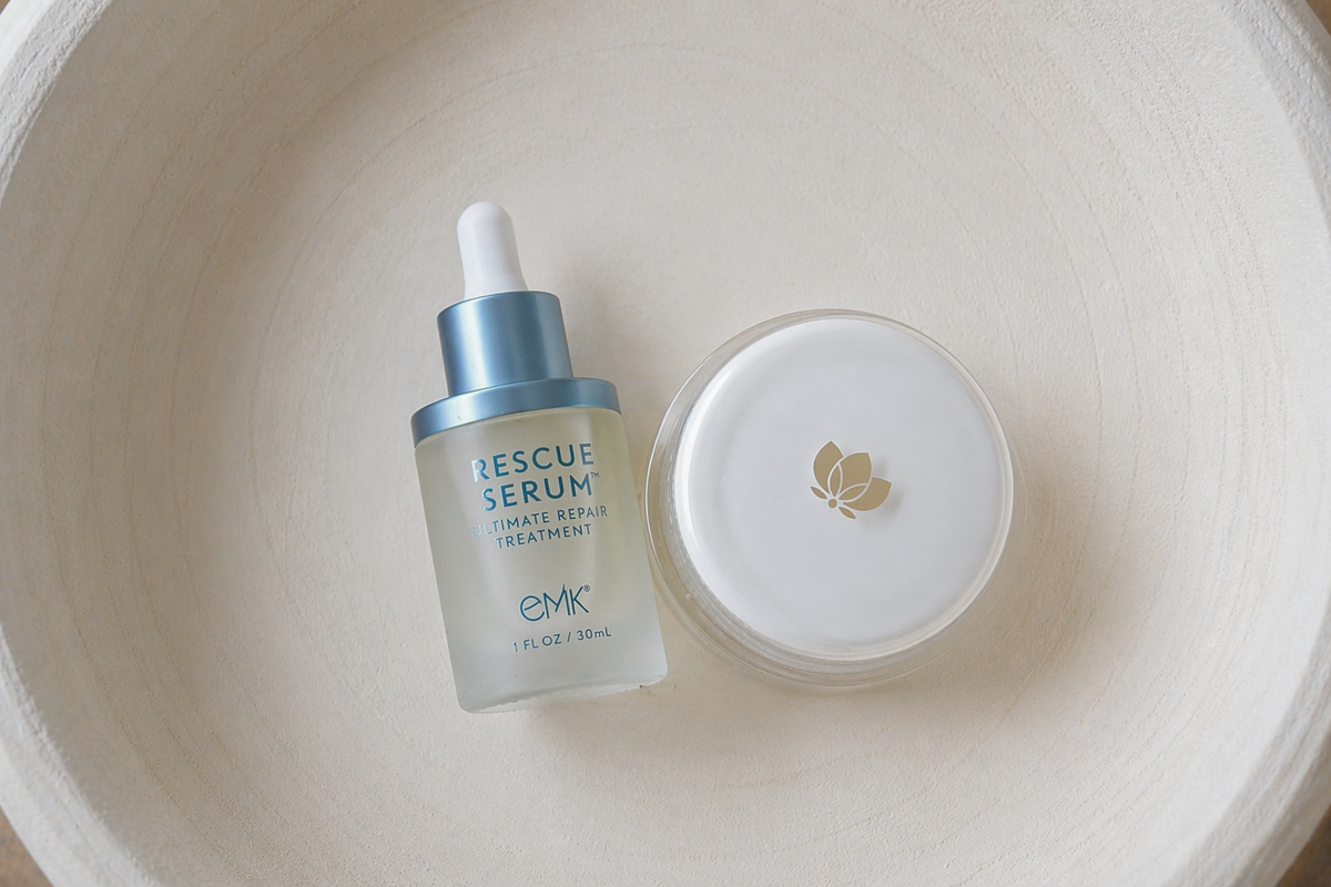 Barrier Recovery Duo with Rescue Serum and Supra Face Cream in a bowl by EMK Skincare
