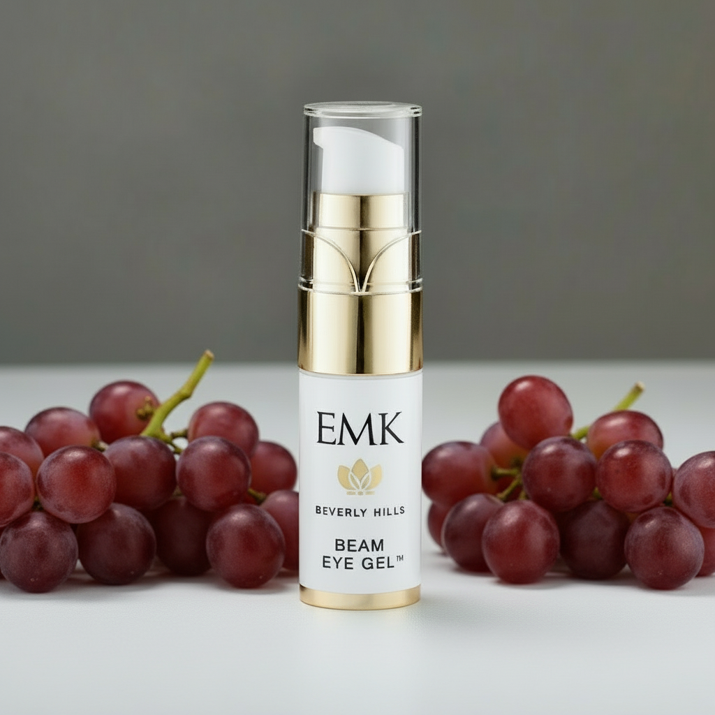 Beam Eye Gel bottle with grapes by EMK Skincare