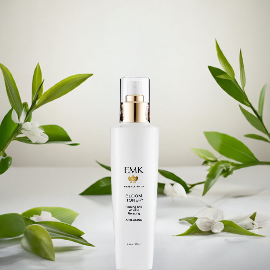 Bloom Toner bottle lifestyle shot by EMK Skincare