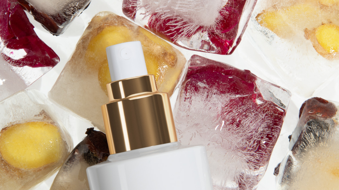 Bloom Toner bottle with frozen botanicals by EMK Skincare