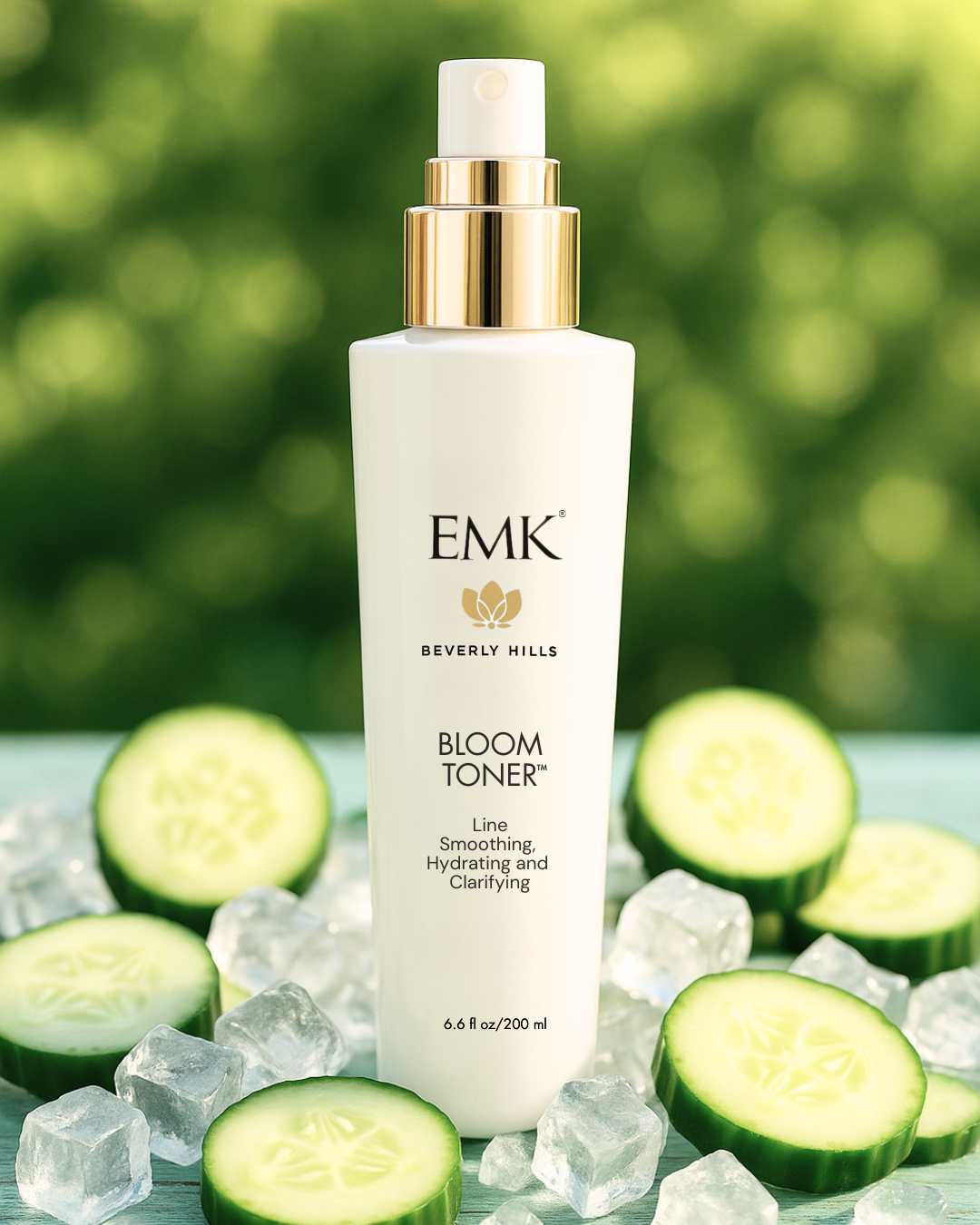 Bloom Toner bottle styled with cucumber and ice by EMK Skincare