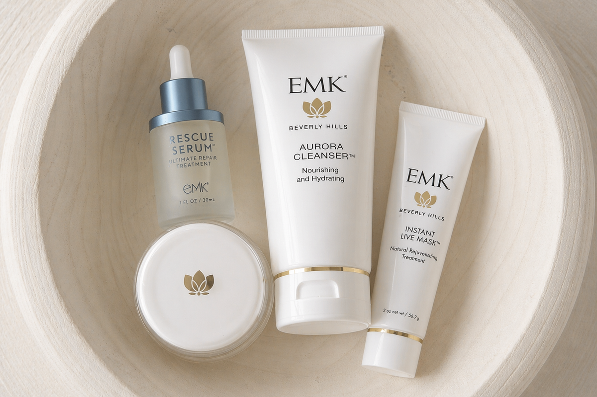 Essential Repair Protocol with Rescue Serum, Aurora Cleanser, and Instant Live Mask in a bowl by EMK Skincare