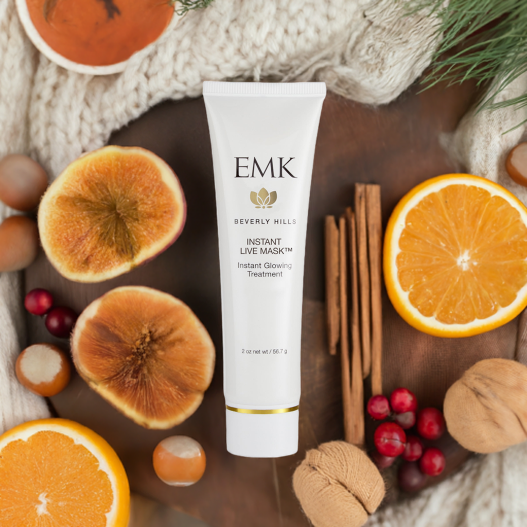 Instant Live Mask tube styled with citrus and cinnamon by EMK Skincare