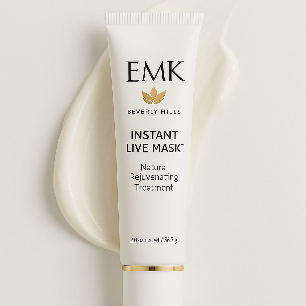 Instant Live Mask tube and cream texture swatch, EMK Skincare rejuvenating treatment