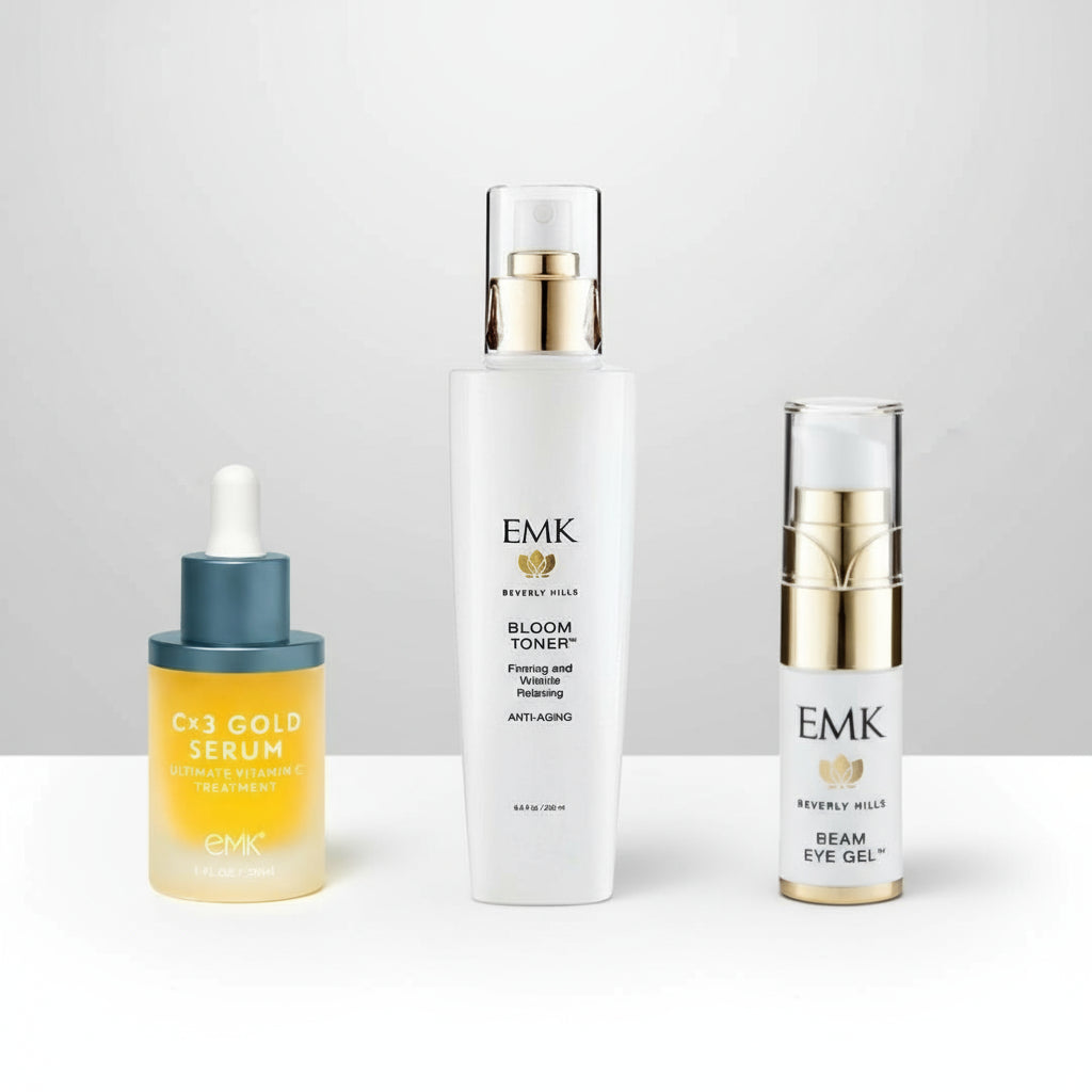 Morning Defense Ritual with C x 3 Gold Serum, Bloom Toner, and Beam Eye Gel by EMK Skincare