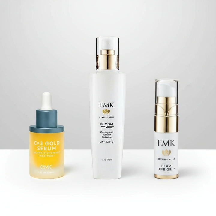 Morning Defense Ritual with C x 3 Gold Serum, Bloom Toner, and Beam Eye Gel by EMK Skincare