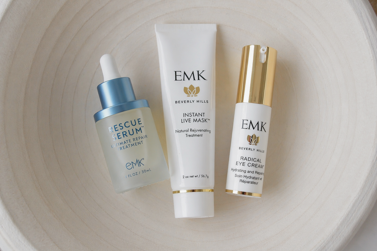 Overnight Renewal Ritual with Rescue Serum, Instant Live Mask, and Radical Eye Cream in a bowl by EMK Skincare