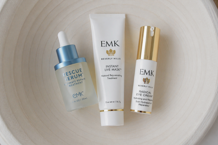 Overnight Renewal Ritual with Rescue Serum, Instant Live Mask, and Radical Eye Cream in a bowl by EMK Skincare