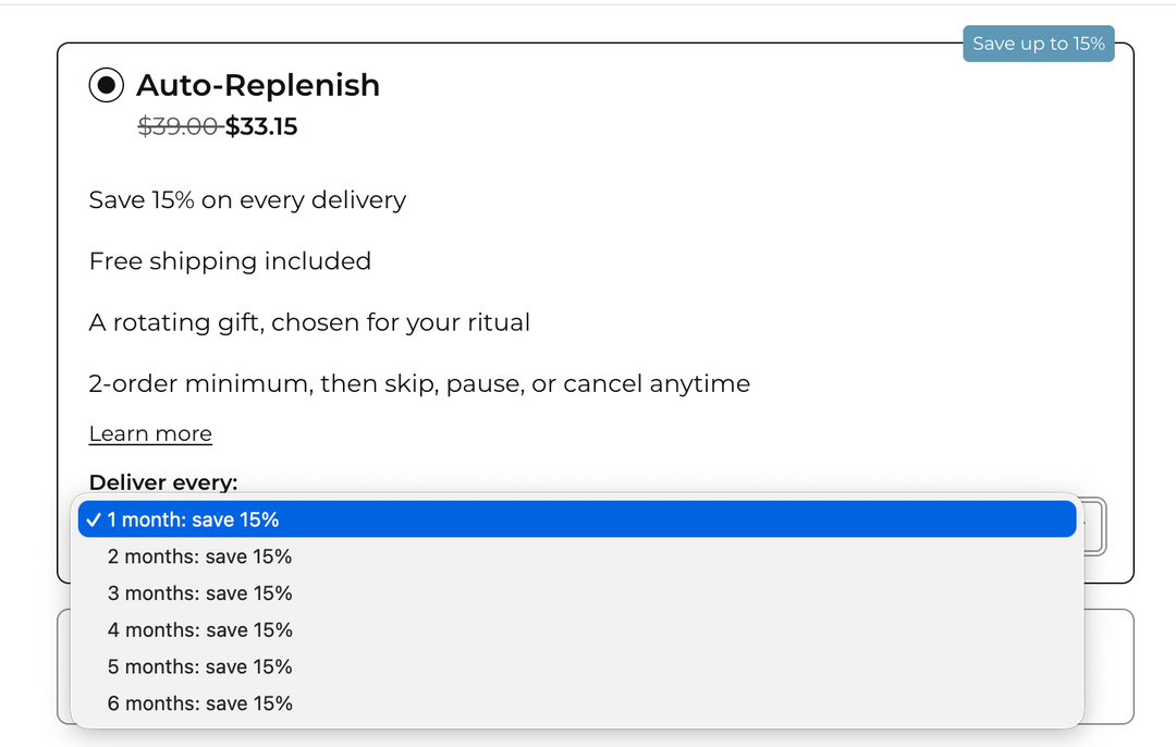 Auto-Replenish frequency selector showing monthly delivery options by EMK Skincare
